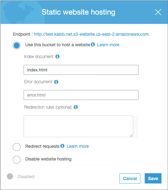 Static website hosting settings