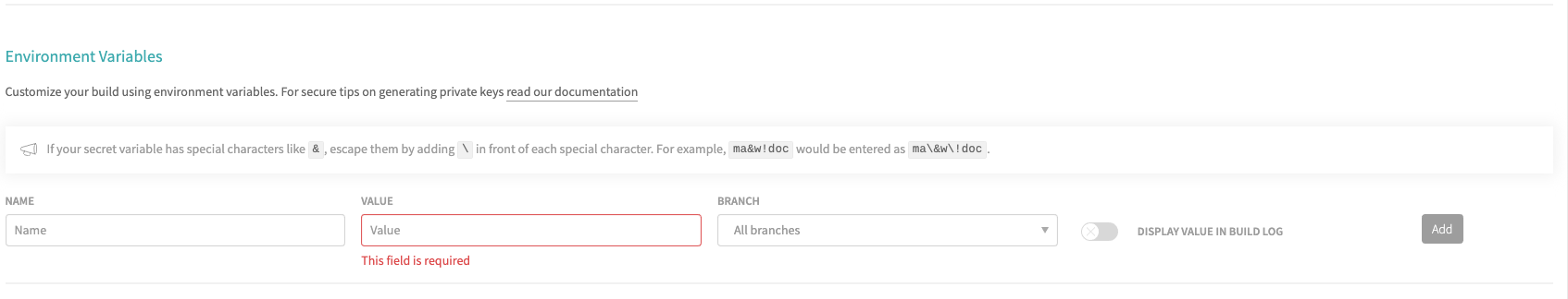 Environment variables entry in Travis dashboard